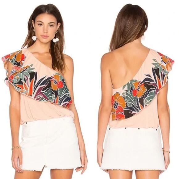 Free People Tops - Free People Boho Annka Linen Floral Botanical One Shoulder Flutter SleeveTank S